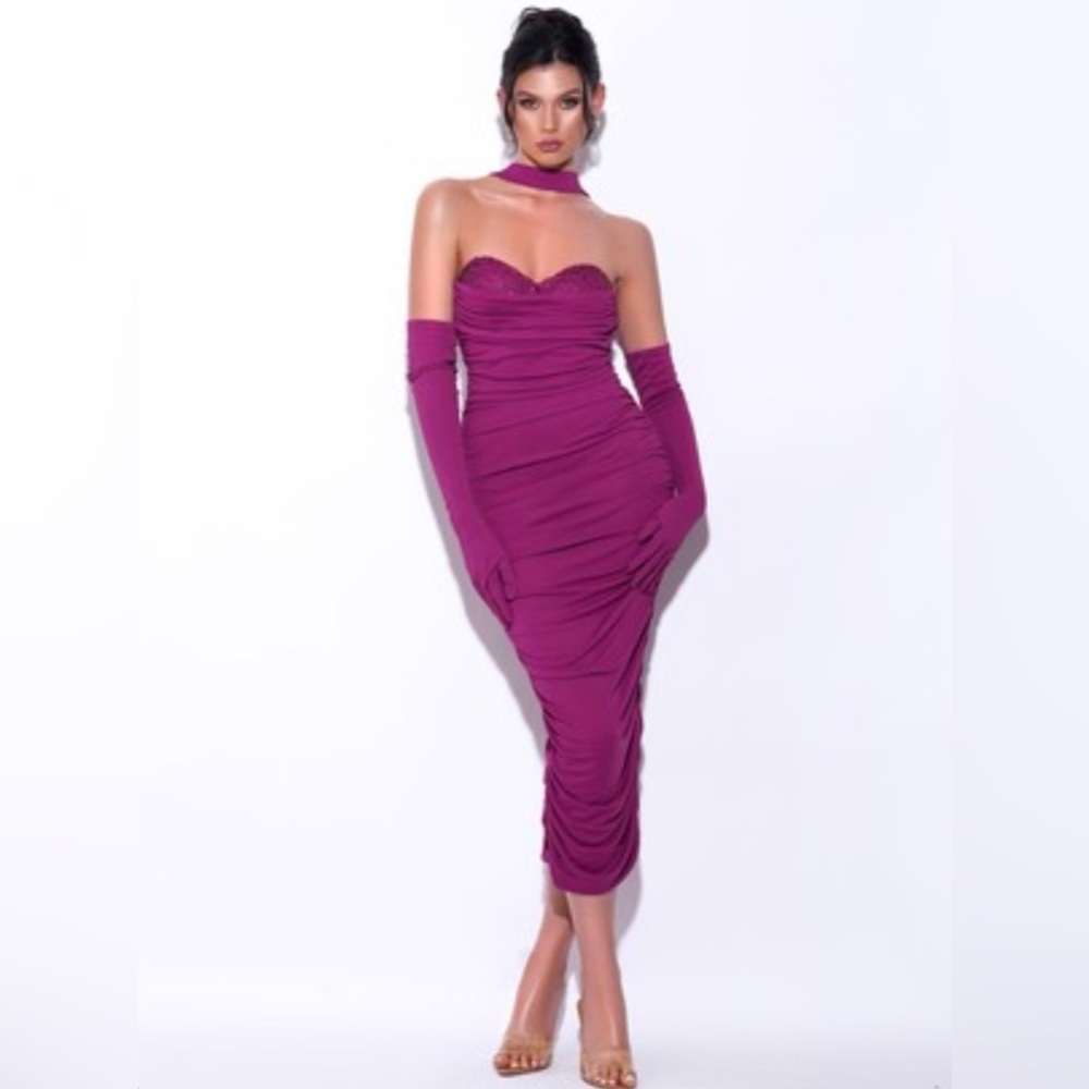 Adeline purple Midi Halter Neck Dress w/ Crystal & Ava Knit Opera-length Gloves